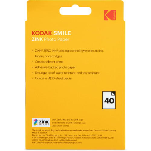 Kodak Smile Zink Photo Paper (3.5" x 4.25", 40-Pack)