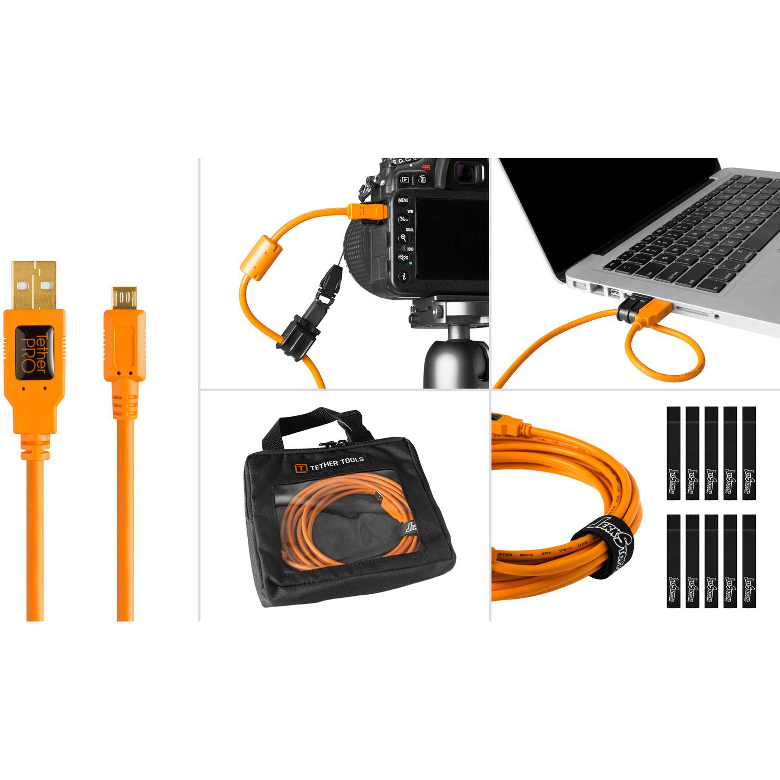 Tether Tools Starter Tethering Kit with USB 2.0 Type-A to Micro-B 5-Pin Cable (15', Orange)